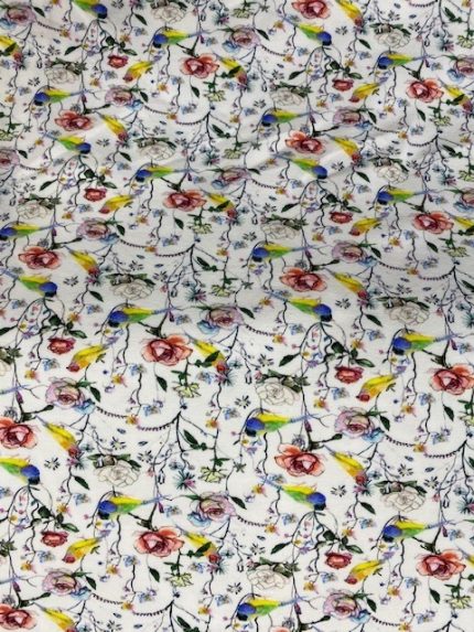 Katoenen Tricot: Bloemen en vogels