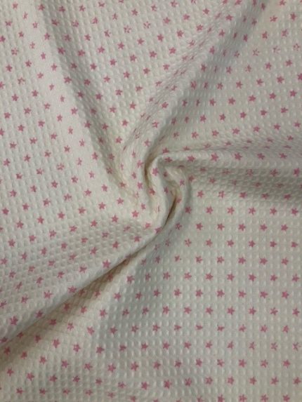 Wafelstof ecru met roze sterretjes (grof)