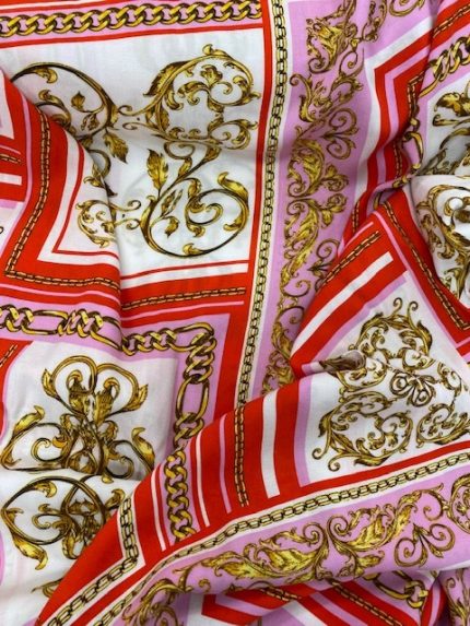 Katoen, soepel vallende poplin katoen, écru-rood-roze-goudgeel