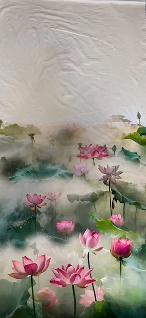 Panel: Roze bloemen op groen/roomkleurige ondergrond