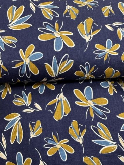 Linnen-Viscose, donkerblauwe ondergrond met okergele en jeans-blauwe blaadjes