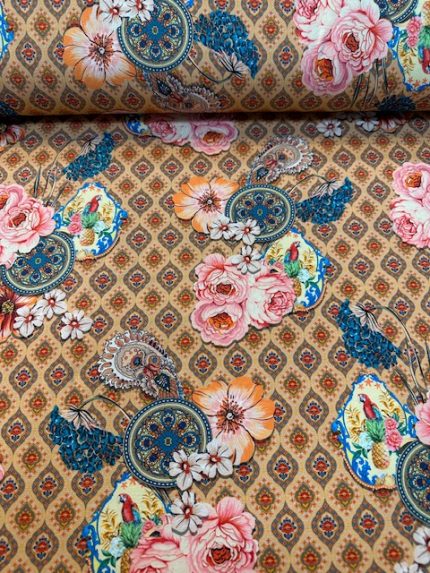 Katoenen Tricot, Jersey, digitale print, bloemen op retro-print