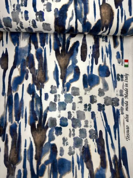 Katoen met stretch, écru met blauwe opdruk