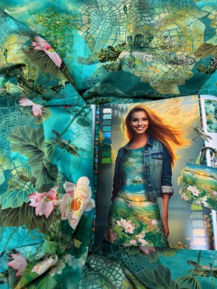 Tricot/Jersey, aqua-kleuren met lichtroze bloempjes