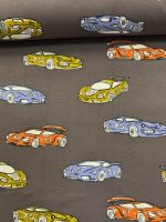 Jersey molletonné/jersey, imprimé brun avec motifs vert-orange-lilas-écru