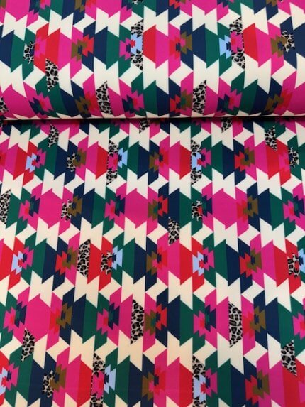 Travelstof van soepel vallende scuba, écru-groen-rood-fuchsia-paars-dierenprint-bruin