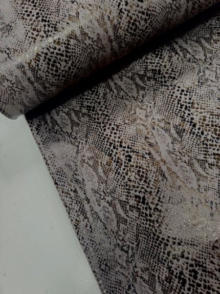 Heavy jersey, slangenprint bruin-grijs met glanslaagje en bruine binnenkant