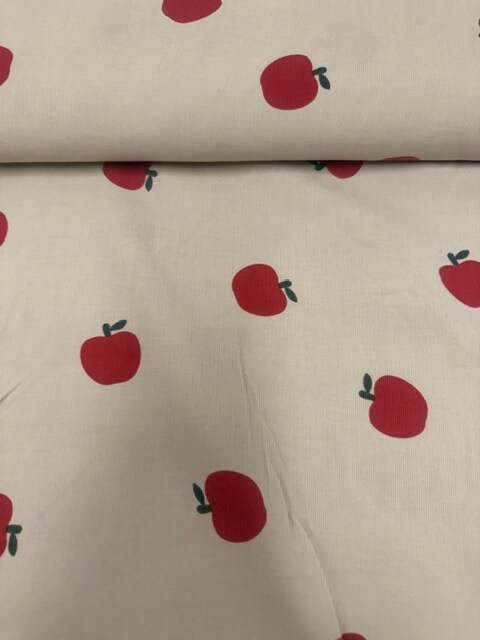 IMG_1350 100% katoenen baby-roy, beige met rode appeltjes bedrukking - Afbeelding 1